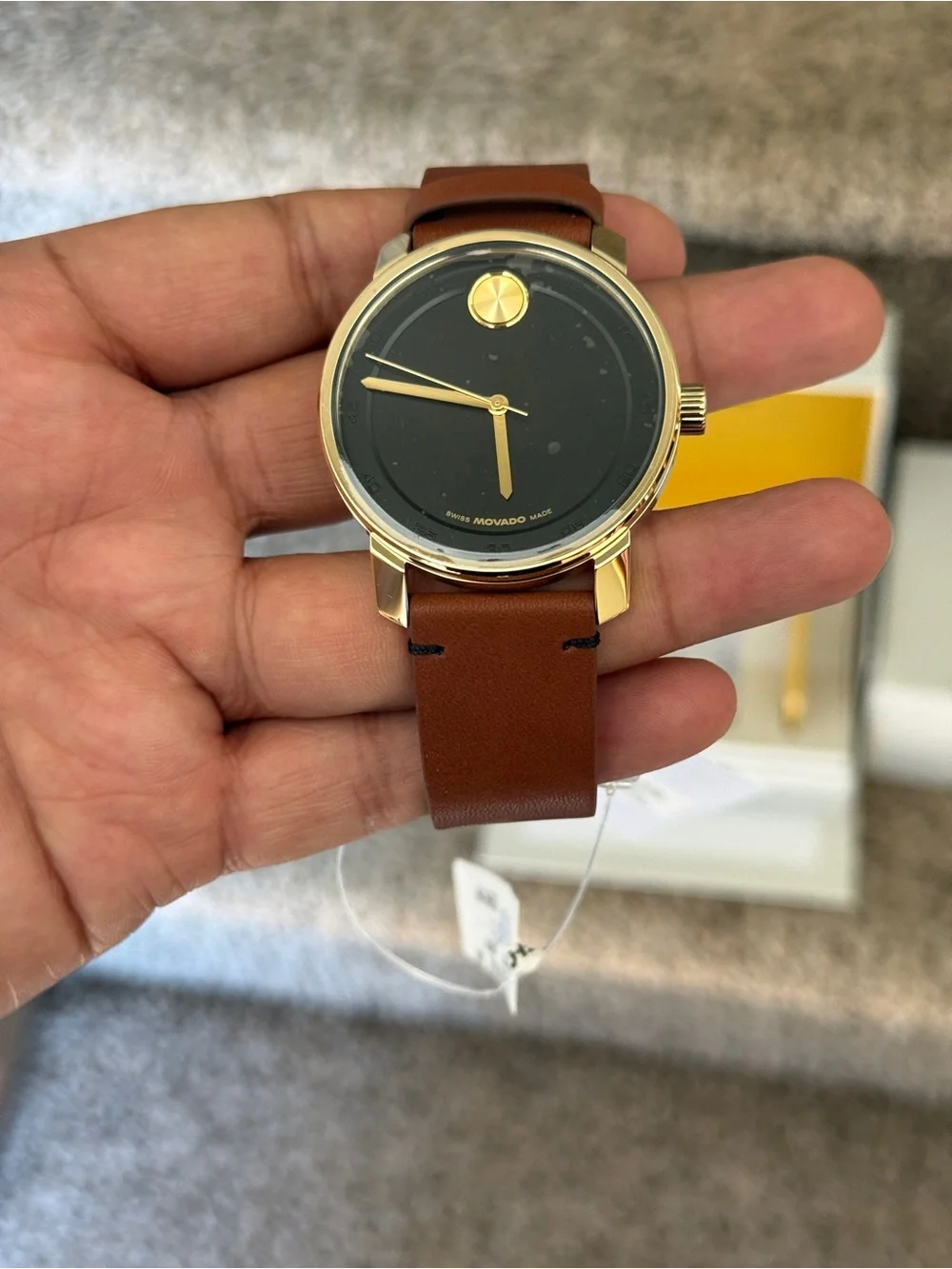 Movado bold Gold-Tone Case Black Dial Brown Leather Strap mens Watch